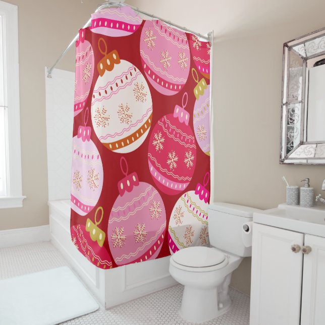 Pink And Red Christmas Baubles Shower Curtain (In Situ)