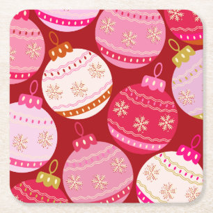 Pink And Red Christmas Baubles Square Paper Coaster