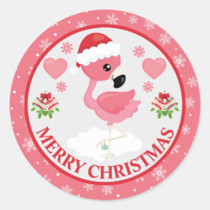 Pink and Red Christmas Flamingo Winter Classic Round Sticker