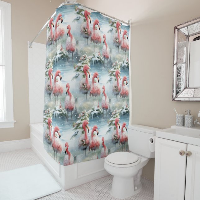 Pink and Red Christmas Flamingo Winter design with Shower Curtain (In Situ)