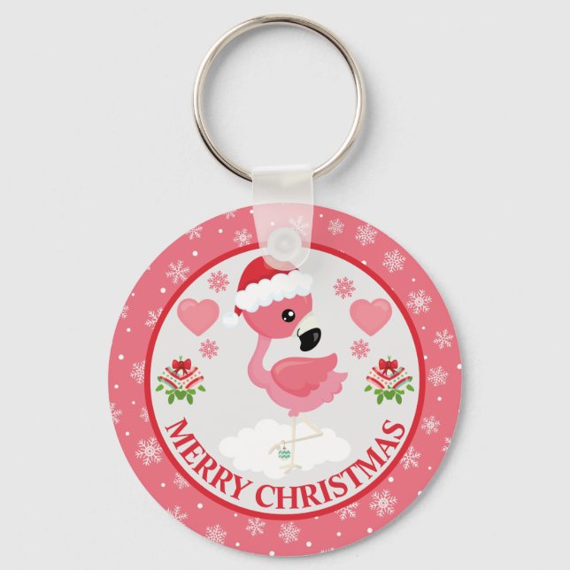 Pink and Red Christmas Flamingo Winter Key Ring (Front)