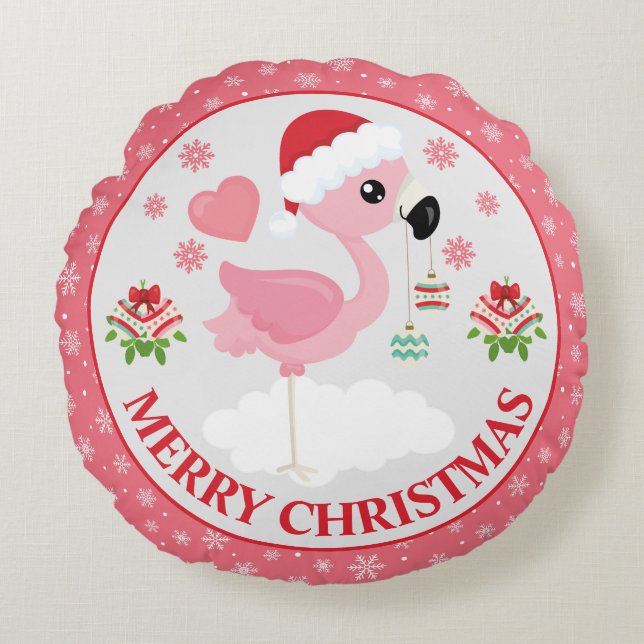 Pink and Red Christmas Flamingo Winter Mittens Round Cushion (Front)