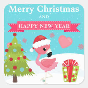 Pink and Red Christmas Flamingo Winter Square Sticker