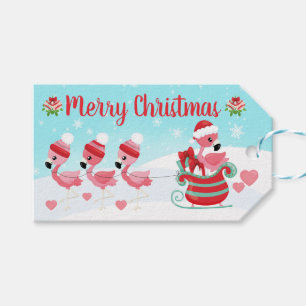 Pink and Red Christmas Flamingos Sleigh Gift Tags