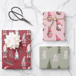 Pink and Red Christmas Gnomes Wrapping Paper Sheet