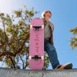 Pink and Red Classy Curved Swash Signature Name Skateboard<br><div class="desc">Create your own elegant signature style script skateboard for her. Customise the size of the modern classy curved swash handwritten calligraphy script style as needed to fit within the trucks and wheels. If you change the red colour of the script font, make sure to double check the drop shadow colour...</div>