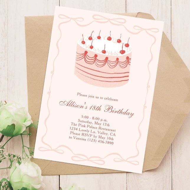 Pink and Red Coquette Retro Cherry Cake Birthday Invitation (Creator Uploaded)