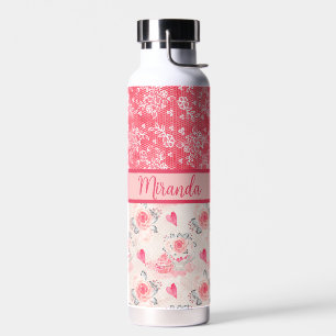 Pink and Red Cupcakes, Hearts and Lace Monogrammed Water Bottle