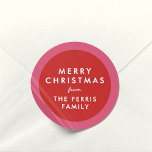 Pink and red cute simple Merry Christmas gift Classic Round Sticker<br><div class="desc">This Christmas gift sticker features a red background with a pink edge and is the perfect finishing touch to all your presents. Coordinate your Christmas presents with this trendy cabana stripe sticker that features a ribbon texture effect and simple customisable type. Add who your gift is from with this simple...</div>