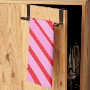 Pink and Red Diagonal Stripes  Tea Towel