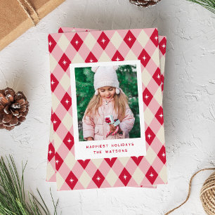 Pink and Red Diamond Pattern Christmas Photo Holiday Card