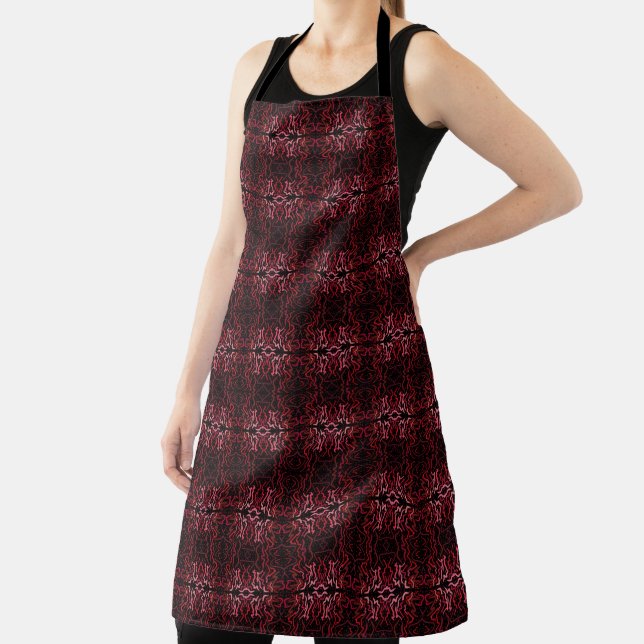 Pink And Red Dots And Squiggles Pattern On Black Apron (Insitu)