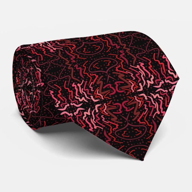 Pink And Red Dots And Squiggles Pattern On Black Tie (Rolled)