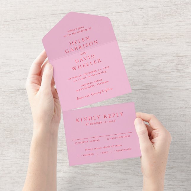 Pink and Red Elegant Classic Wedding All In One Invitation (Tearaway)