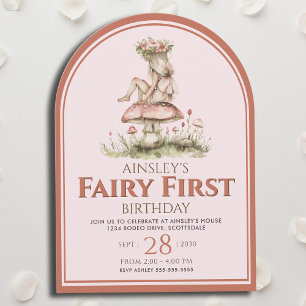 Pink and Red Fairy First Arch 1st Birthday Party Invitation