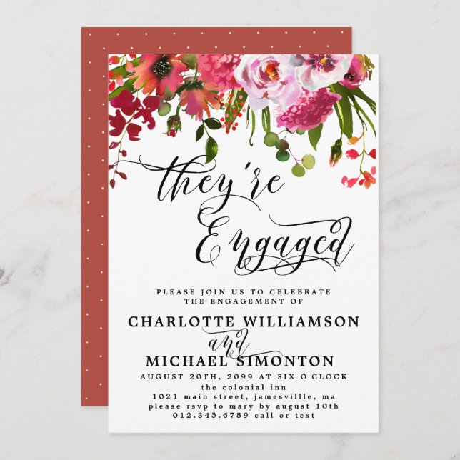 Pink and Red Floral Engagement Announcement (Front/Back)