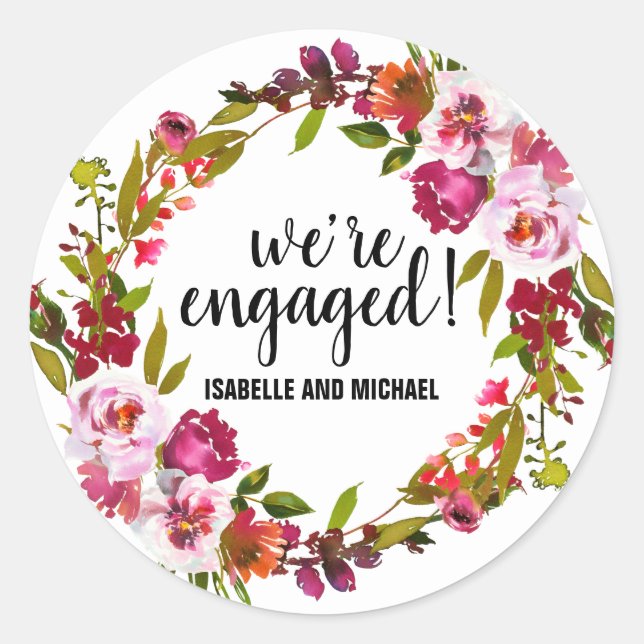 Pink and Red Floral Engagement Announcement Classic Round Sticker (Front)
