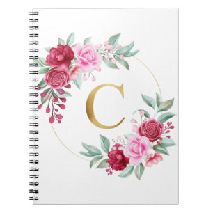 Pink and Red Floral Monogram Initial Letter C Notebook