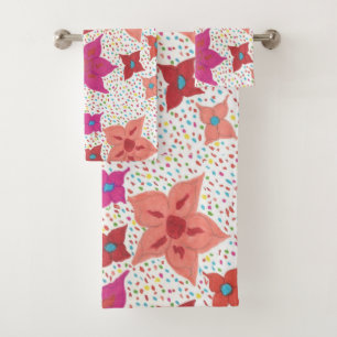 Pink and Red Floral Print Bath Towel Set