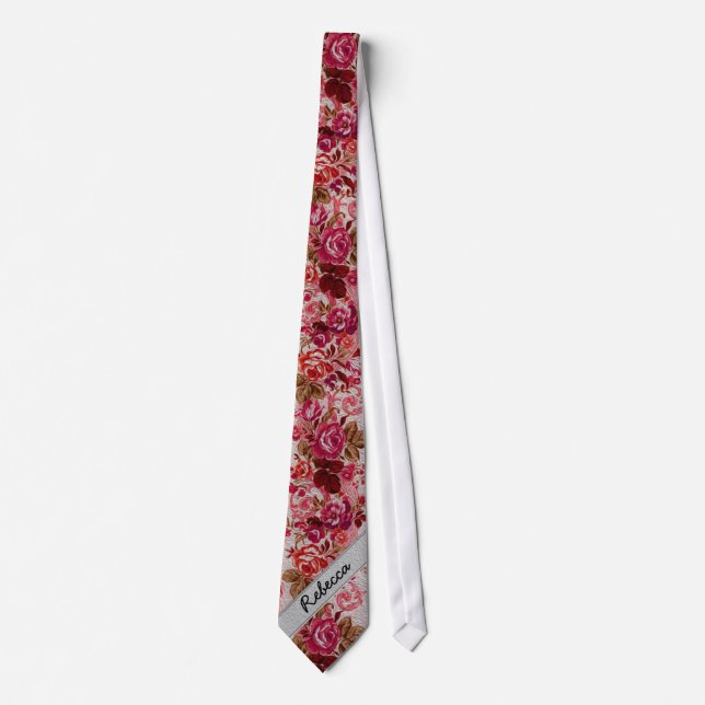 Pink and Red Floral Rose Paint Monogram Tie (Front)
