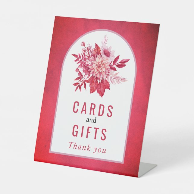 Pink and red flowers and foliage wedding pedestal sign (Front)