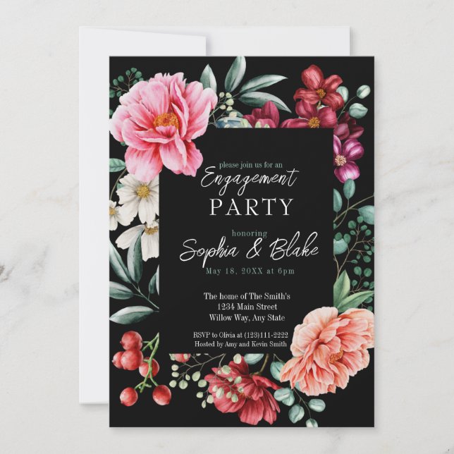 Pink and Red Flowers |  Black Engagement Party Invitation (Front)