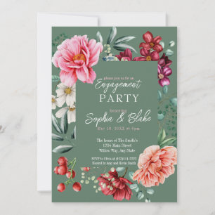 Pink and Red Flowers Green Engagement Party Invitation
