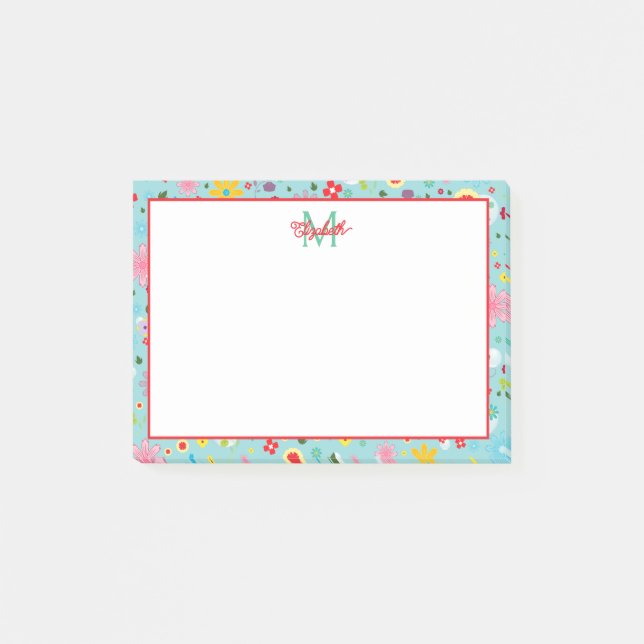 Pink and Red Flowers on Teal Monogram Post-it Notes (Front)