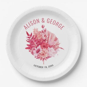 Pink and red flowers, palm leaf wedding paper plate