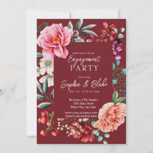 Pink and Red Flowers Red Engagement Party Invitation