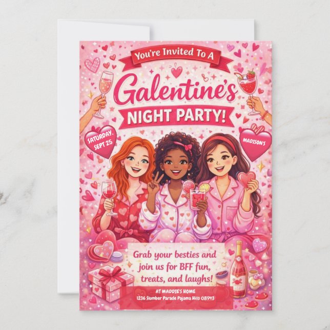 Pink and Red Galentine's Night Party Invitation (Front)
