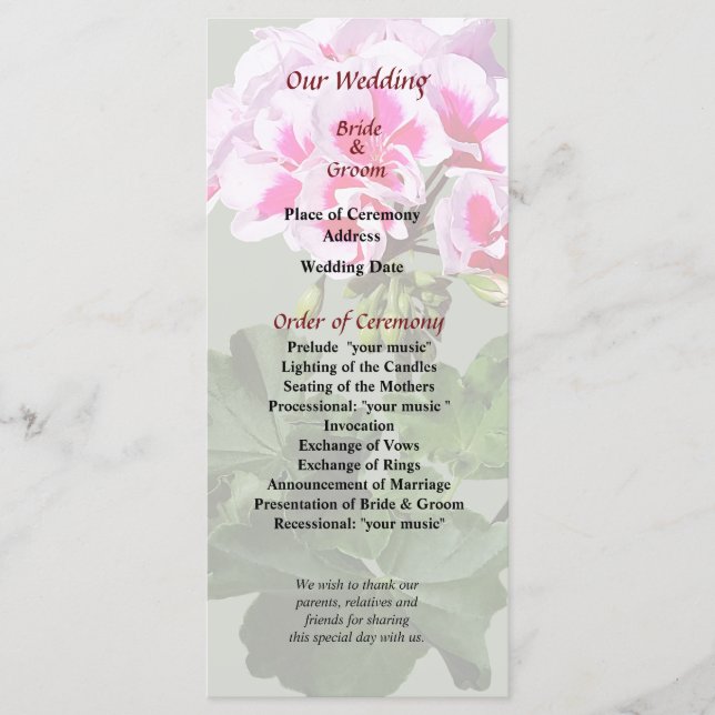 Pink and Red Geranium Wedding Program (Front)