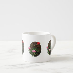 Pink and Red Geraniums Against Brick Espresso Cup