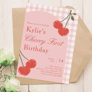Pink and Red Girl's Cherry First Birthday Invitation