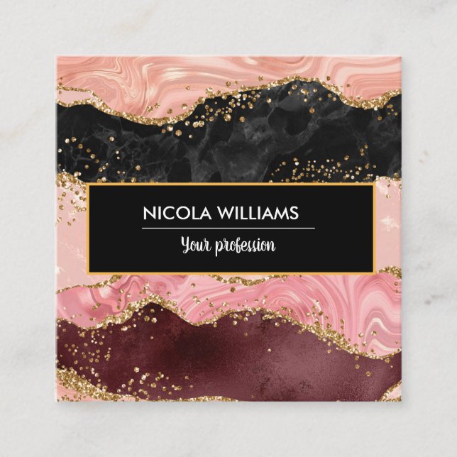 Pink and Red Glitter Marble Agate Square Business Card (Front)