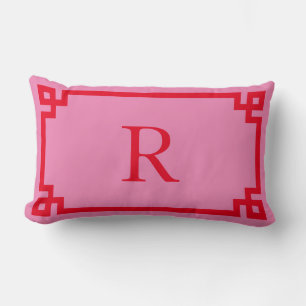 Pink and Red Greek Key Monogram Lumbar Cushion