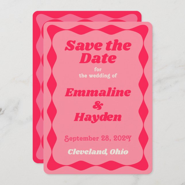 Pink and Red Groovy Wavy Border Wedding Save The Date (Front/Back)