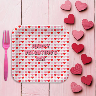 Pink and Red Happy Valentine’s Day Heart Pattern Paper Plate