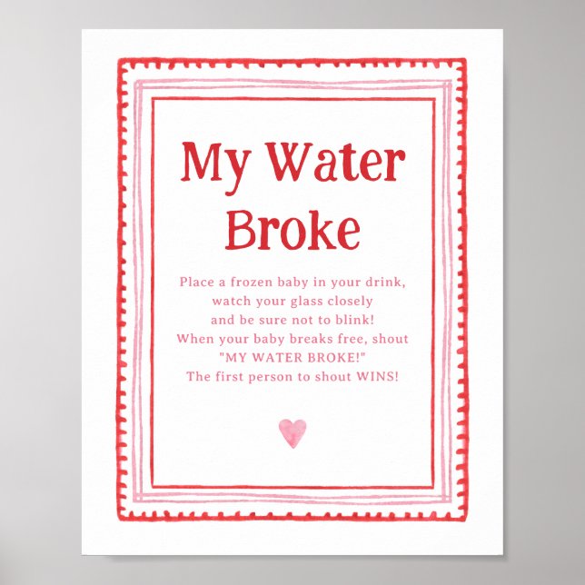 Pink and Red Heart Baby Shower My Water Broke Game Poster (Front)
