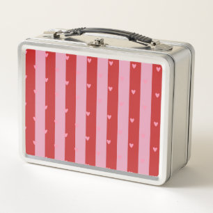 Pink and red, heart striped metal lunch box