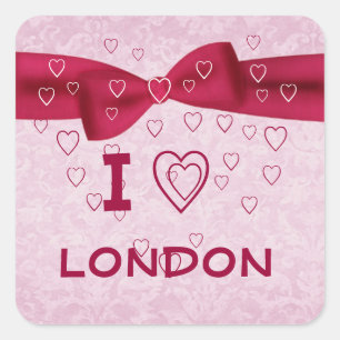 Pink and Red Heart with Bow - I Heart Love London Square Sticker