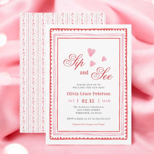 Pink and Red Hearts New Baby Sip and See Girl Invitation