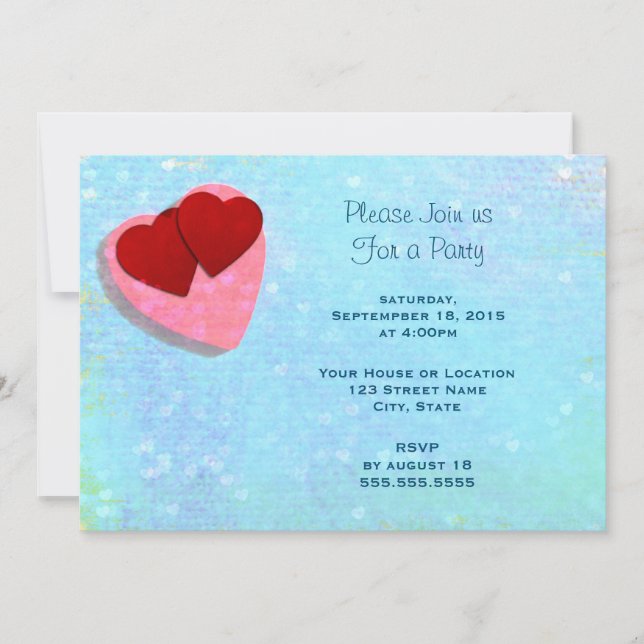 Pink and Red hearts on a Blue Generic Party Invitation (Front)