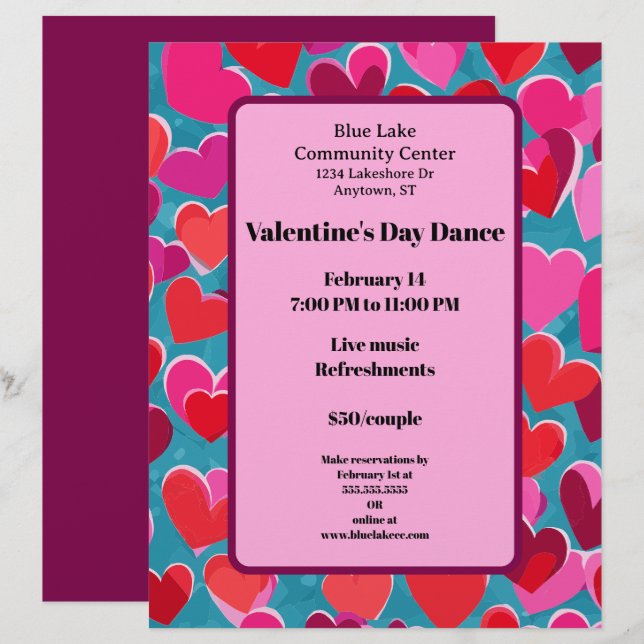 Pink and Red Hearts on Blue Valentine Dance Custom Letterhead (Front/Back)