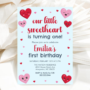 Pink and Red Hearts Our Little Sweetheart Birthday Invitation
