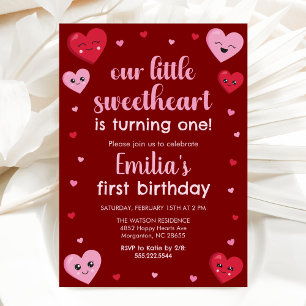 Pink and Red Hearts Our Little Sweetheart Birthday Invitation