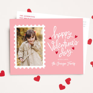 Pink and Red Hearts Stamp Photo Valentine's Day Holiday Postcard