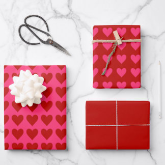 Pink and Red Hearts w/ Valentine Red Solid Wrapping Paper Sheet