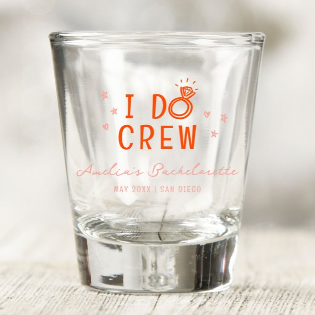 Pink and Red I Do Crew Sketch Bachelorette Party Shot Glass (Pink and red I Do Crew with hand drawn sketch diamond ring bachelorette party shot glass.)