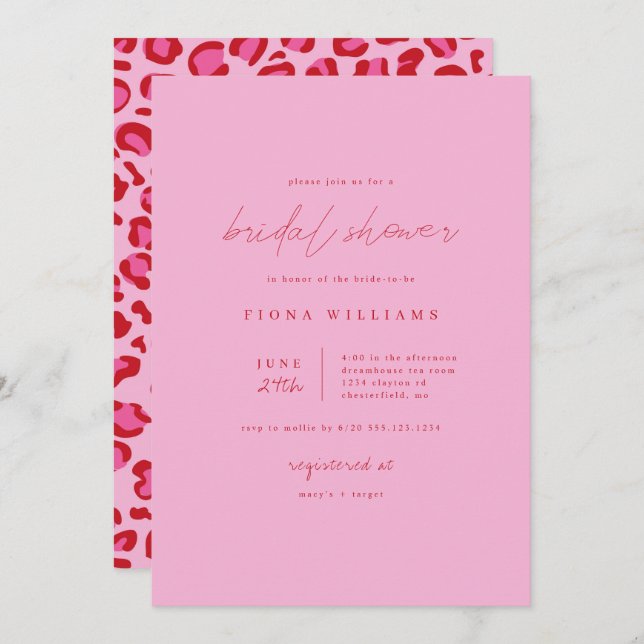 Pink and Red Leopard Minimalist Bridal Shower Invitation (Front/Back)